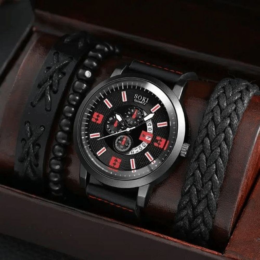 BLACK RED LEATHER QUARTZ STAINLESS STEEL WATCH AND LEATHER BRACELETS